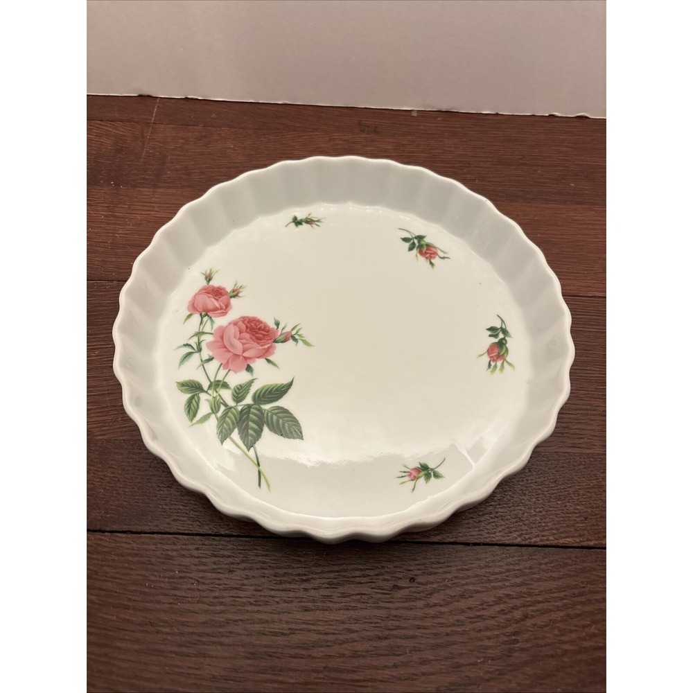 VINTAGE ONEIDA ROSE PATTERN PORCELAIN FLUTED PIE/QUICHE/TART BAKING DISH
